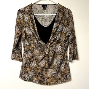 East 5th. Petite Medium blouse. Black and Browns; leopard pattern. Gently used.
